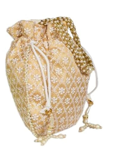 DMS RETAIL Chikankari Raw Silk drawstring Rajasthani Style Potli bags, Royal Clutch, Bridal Purse for Wedding, Batwa Bag, Shagun Potli Purse for Women, Potli bag for ladies return gift (OFF WHITE)