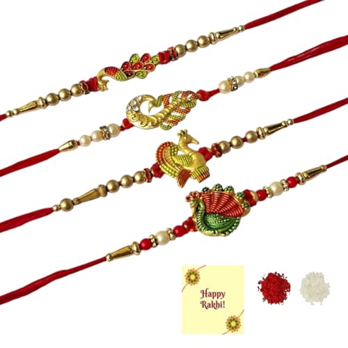 DMS RETAIL Set Of 4 Rakhi for Brother Bhai Kids Boy Peacock Feather Rakhi for Bhiaya Mor Pankh Rakhi Bracelet for Rakshabandhan