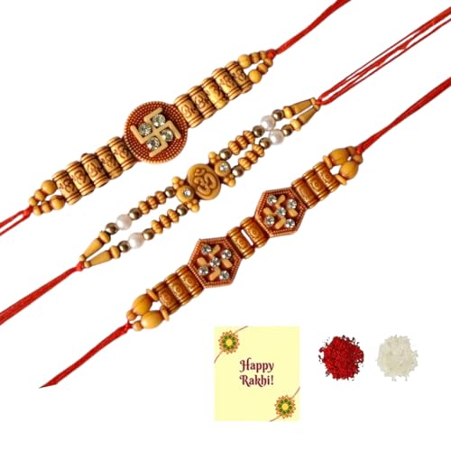 DMS RETAIL Om Swastik Rakhi Combo For Men Set Of 3 Traditional Religious Rakhi With Roli Tilak With Greetings Card