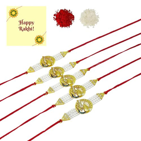 DMS RETAIL Assorted Design Set Of 5 Rakhi For Brother | Rakhi For Bhai | Rakhi For Bhaiya | Rakhi For Kids| Rakhi Bracelet| Brother Rakhi Set With Greetings Card And Roli Chawal