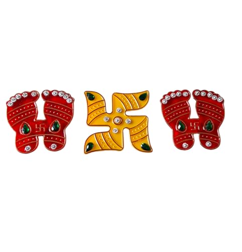 DMS RETAIL Acrylic Laxmi Feet Swastik Sticker for Wall Decoration, Diwali Decoration Floor Decoration Yellow and Red 3 Pcs 2 Inches