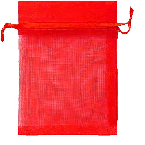 DMS RETAIL Plain Non Printed Clear - Organza Favor Jewellery Pouch, Shagun Potli Bags Drawstring Pouches For Wedding Plain Organza Bag Pouches Sheer Candy 13X18 CMS Pack Of 30 Bags (RED)