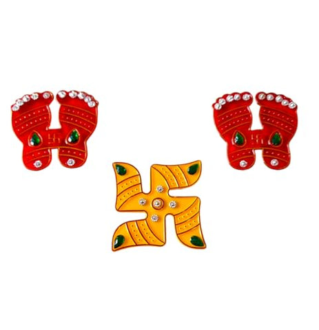 DMS RETAIL Acrylic Laxmi Feet Swastik Sticker for Wall Decoration, Diwali Decoration Floor Decoration Yellow and Red 3 Pcs 2 Inches