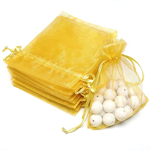 DMS RETAIL Plain Non Printed Clear - Organza Favor Jewellery Pouch, Shagun Potli Bags Drawstring Pouches For Wedding Plain Organza Bag Pouches Sheer Candy 13X18 CMS Pack Of 30 Bags (GOLDEN)