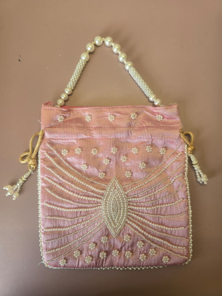 Women’s Potli Bag with Pearl Bead Handle & Hand Embroidery