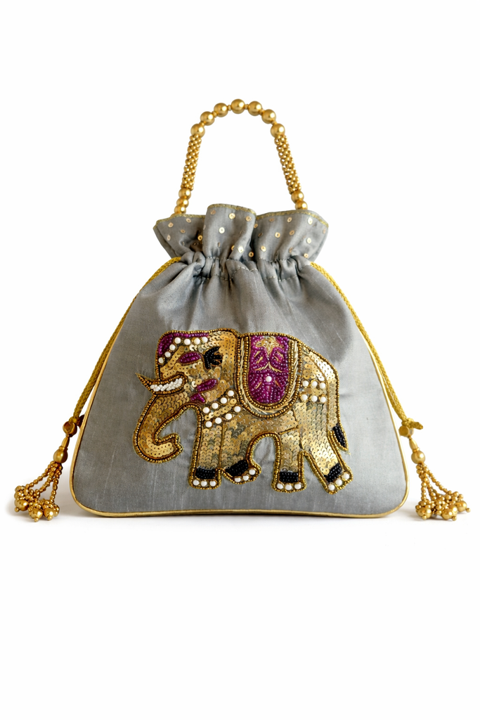 DMS RETAIL Handcrafted Royal Elephant Embroidered Potli Bag for Women | Raw Silk Bridal Clutch with Golden Beads Handle | Ethnic Wedding Purse for Party, Festive & Gift Use