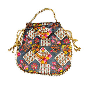 DMS RETAIL Potli Bags for Women Evening Bag Clutch Ethnic Bride Purse with Drawstring Potli Bag for Wedding (Grey)