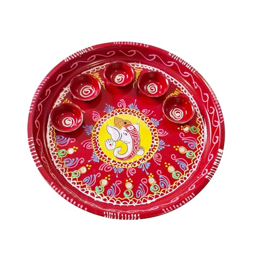 DMS RETAIL Red Hand Printed Decorative Designer Stainless Steel Puja Thali with Deepak Holder for Temple and Home| Decorative Rakhi Thali|Tilak Thali |5 Holder Thali 11 Inch