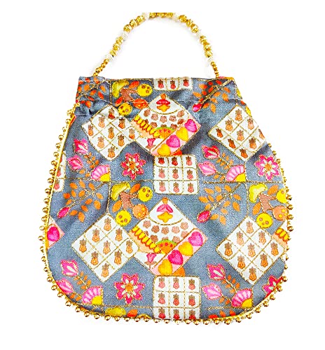DMS RETAIL Potli Bags for Women Evening Bag Clutch Ethnic Bride Purse with Drawstring Potli Bag for Wedding (Grey)