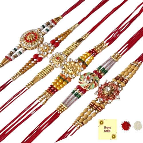 DMS RETAIL Set of 6 Flower Rakhi Combo For Brother Bhaiya Bhabhi Sister Raksha Bandhan Gift Band Moli Bracelet Stone Rakhi for Bhai with Roli Tilak Greetings Cards