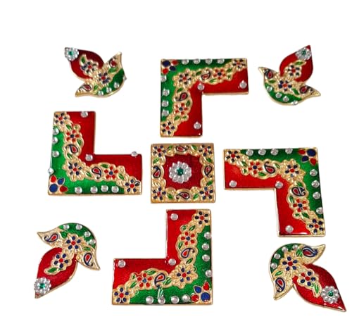 DMS RETAI Metal Swastik Handcrafted Decorative Rangoli Set for Floor Decoration for Diwali Puja Functions, Multicolor, Floor Decoration Table Decoration 9 pcs 10 Inches