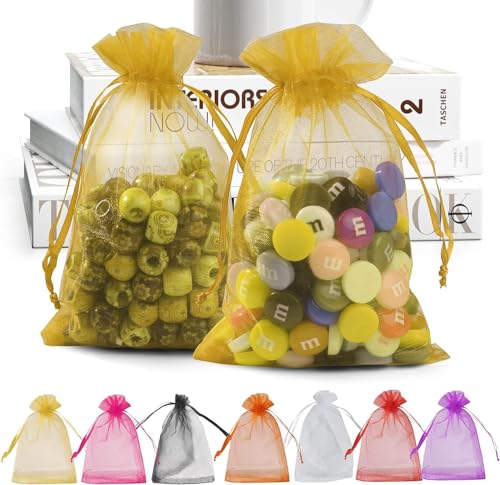 DMS RETAIL Shagun Potli Bags Organza Potli Pouch Sheer Pouches Candy Chocolate Pouches Drawstring Pouches 16X23 CMS Pack Of 15 (GOLDEN)