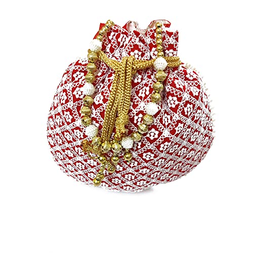 DMS RETAIL Lucknowi Embroidered Potli Bags| Potli Bags for Ladies for Wedding with Pearl Drawstring Pack of 6 Multi