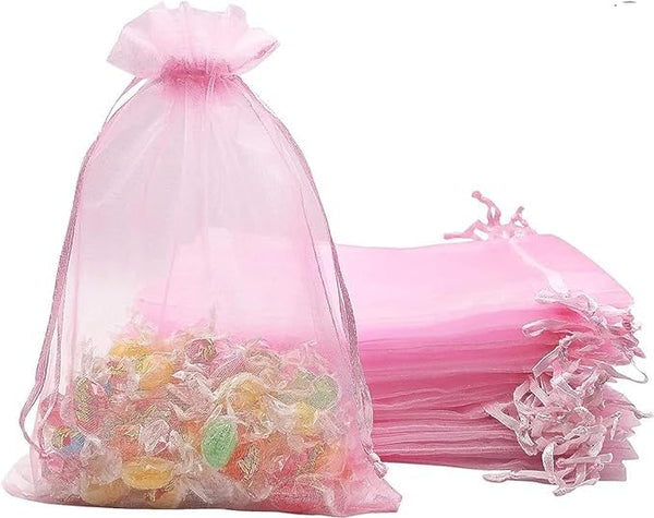 DMS RETAIL PINK Net Organza Bags with Drawstring Mesh Bags for Gift | Makeup Pouch |Candy | Baby Shower Party, Christmas Festival Packing Sheer Organza Pouches Pack Of 40 (13X18 CMS)