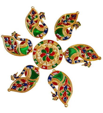 DMS RETAI Metal Peacock Rangoli for Floor/Wall/Table-Rearrangeable Handcrafted Decorative Rangoli for Diwali | Showpiece/Acrylic Rangoli for Pooja Home Office Decoration Diwali 7 PCS 9 INCHES