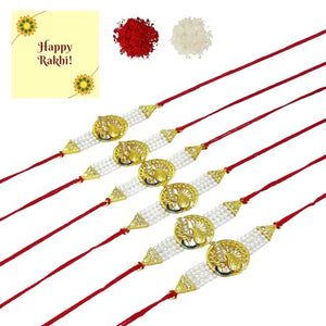 DMS RETAIL Simple Elegant PeacockThread Pearl Rakhi For Brother | Rakhi For Bhai | Rakhi For Bhaiya | Rakhi For Kids With Greetings Cards Roli Chawal Set Of 6 Rakhi