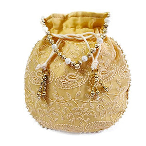 DMS RETAIL Lucknowi Ethnic Potli Zari Work Handicraft Designer Traditional Rajasthani Royal Style Bridal Potli Bag Women (Yellow)