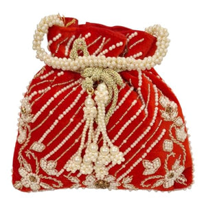 DMS RETAIL Handcrafted with Pearl Handle and Tassels | Embroidered Bridal Clutch for Weddings, Parties, and Gifting | Elegant Drawstring Potli for Women (RED)