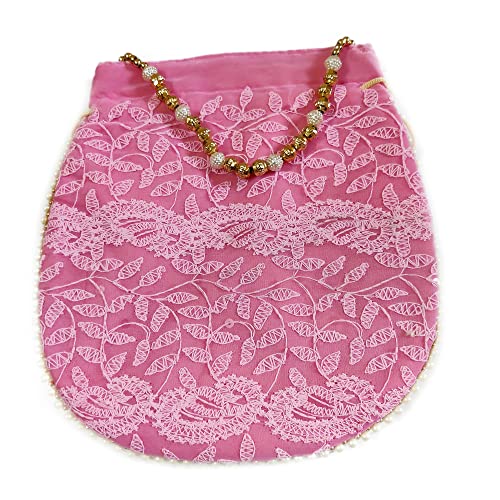 DMS RETAIL Lucknowi Ethnic Potli Zari Work Handicraft Designer Traditional Rajasthani Royal Style Bridal Potli Bag Women (Pink)