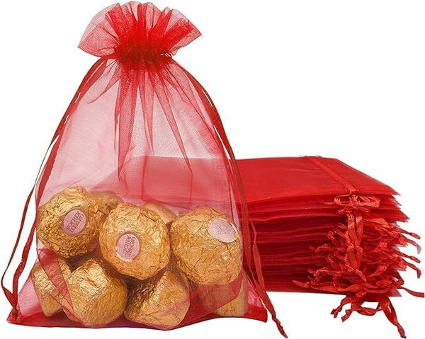 DMS RETAIL Shagun Potli Bags Organza Potli Pouch Sheer Pouches Candy Chocolate Pouches Drawstring Pouches 16X23 CMS Pack Of 15 (RED)