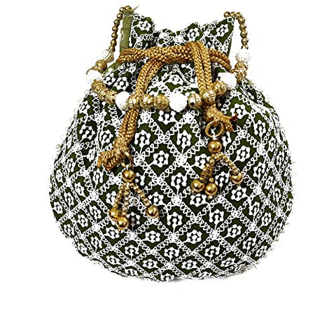 DMS RETAIL Chikankari Lucknowi Embroidered Potli Bags| Potli Bags for Ladies for Wedding with Pearl Drawstring (Green)