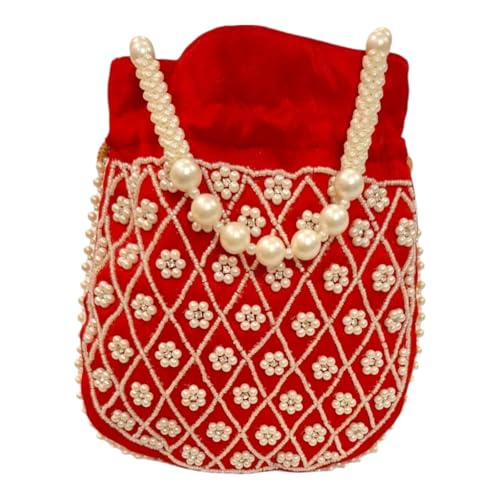 DMS RETAIL Potli | Beadwork Pear Wedding Potli | Beads Handle Potli | Wallet Potli | Christmas Gift Potli | Baby Shower Potli | Lucknowi Potli | Embroidery Potli (RED)