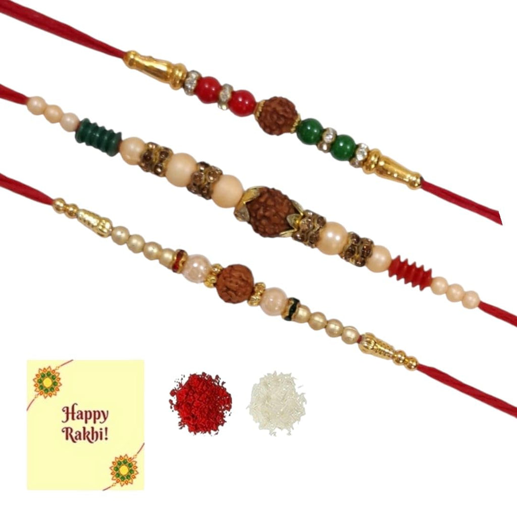 DMS RETAIL Pack of 3 Rakhi Set for Bhaiya and Bhabhi with Kids Rakhi Rakshabandhan with Greeting Card and Roli Chawal