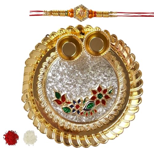 DMS RETAIL Thali Rakhi Combo For Brother Set Of 1 Ganesh Rakhi With Roli Tilak And Greetings Card And Pooja Thali