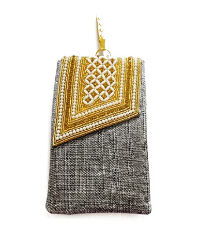 DMS RETAIL Women's Pearl Clutch Silk Saree Clutch Mobile Pouch Waist Clip Ladies Purse Gift Designer Pearl Beads Studded Jute Mobile Pouch (Grey)