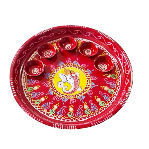 DMS RETAIL Red Hand Printed Decorative Designer Stainless Steel Puja Thali with Deepak Holder for Temple and Home| Decorative Rakhi Thali|Tilak Thali |5 Holder Thali 11 Inch