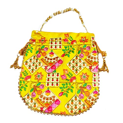 DMS RETAIL Potli Bags for Women Evening Bag Clutch Ethnic Bride Purse with Drawstring Potli Bag for Wedding (Yellow)