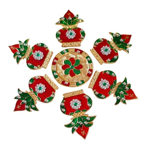 DMS RETAI Metal Kalash Handcrafted Decorative Rangoli Set for Floor Decoration for Diwali Puja Functions, Multicolor, 9 Inch, 7 PCS