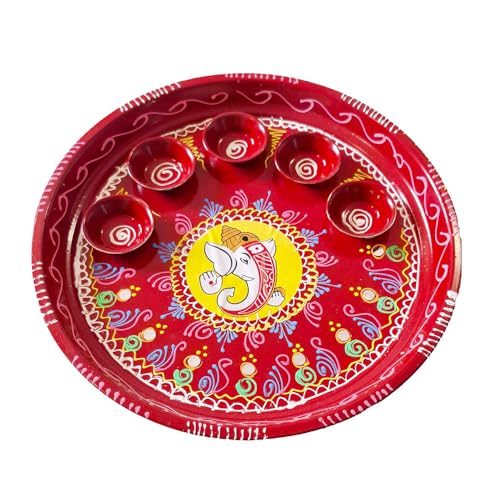 DMS RETAIL Red Hand Printed Decorative Designer Stainless Steel Puja Thali with Deepak Holder for Temple and Home| Decorative Rakhi Thali|Tilak Thali |5 Holder Thali 11 Inch