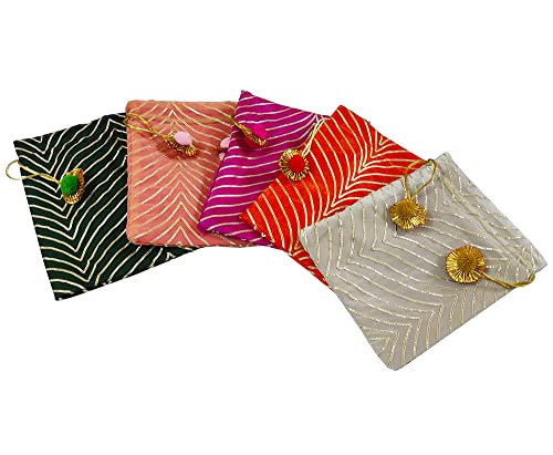 DMS RETAIL Designer Rajasthani Style Royal Silk Potli Bag Batwa Bag Bridal Purse Women Handbag Shagun Pouch Return Gifts Leheriya Potli (Pack of 6) Multi