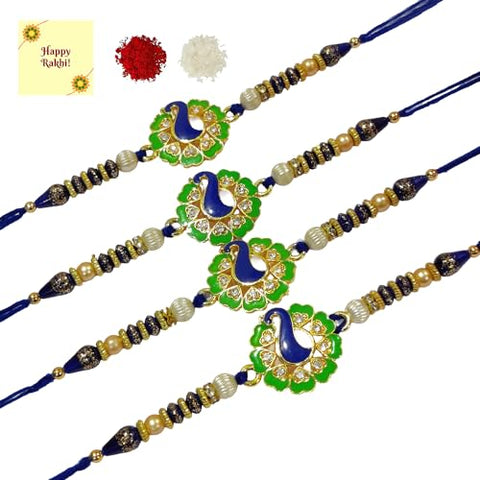 DMS RETAIL Gold Plated Rakhi for Brother Bhaiya Bhabhi Combo (Pack of 4) Bracelet Designer Rakhi for Men (Green Blue, Multicolor)