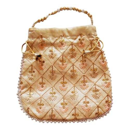 DMS RETAIL Women's Embroidered Potli | Ladies Purse Handbag Purses for Women,Wedding, Housewarming, Corporate Gifts, Anniversary Baby Shower Return Gifts (PEACH)