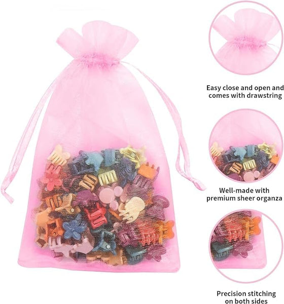 DMS RETAIL PINK Net Organza Bags with Drawstring Mesh Bags for Gift | Makeup Pouch |Candy | Baby Shower Party, Christmas Festival Packing Sheer Organza Pouches Pack Of 40 (17X23 CMS)