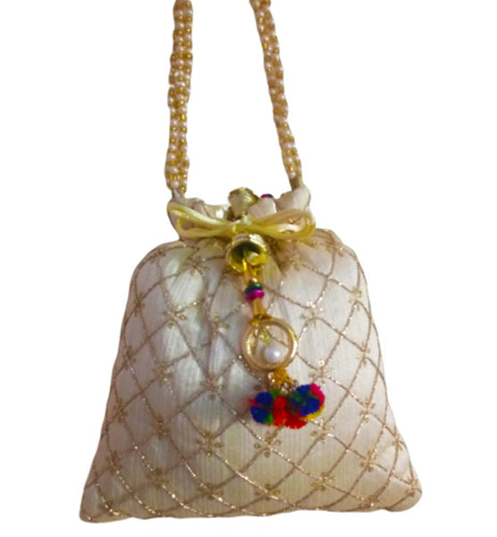 DMS RETAIL Ethnic Rajasthani Silk Potli Bag With Pearl Drawstring Women's Potli (Golden)