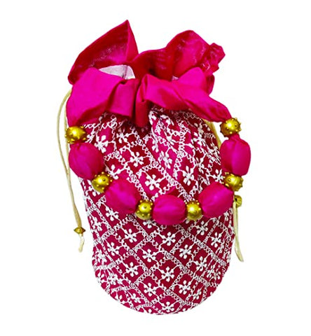 DMS RETAIL Presents Designer Royal Lucknowi Potli Batwa Bag Bridal Purse Women Handbag Shagun Pouch Return Gifts for Ladies (Magenta)