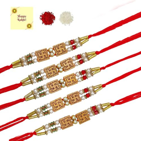 DMS RETAIL Swastik Rakhi For Brother With Roli Chawal Rakhi For Rakhi Bracelet For Brother Combo Of Pack Of 5 Rakhi With Greetings Card