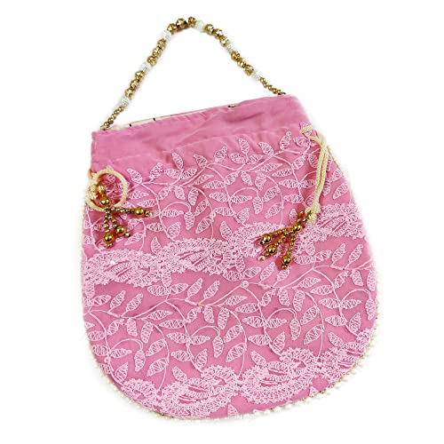 DMS RETAIL Lucknowi Ethnic Potli Zari Work Handicraft Designer Traditional Rajasthani Royal Style Bridal Potli Bag Women (Pink)