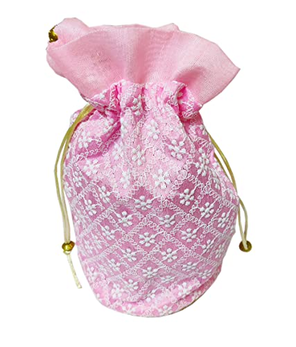 DMS RETAIL Presents Designer Royal Lucknowi Potli Batwa Bag Bridal Purse Women Handbag Shagun Pouch Return Gifts for Ladies (Pink)