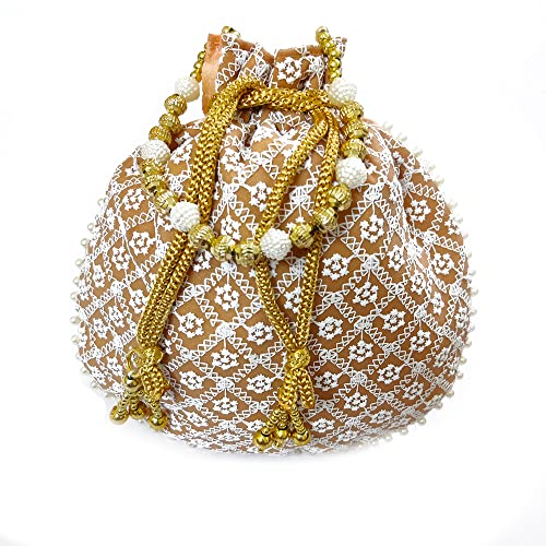 DMS RETAIL Lucknowi Embroidered Potli Bags| Potli Bags for Ladies for Wedding with Pearl Drawstring Pack of 6 Multi