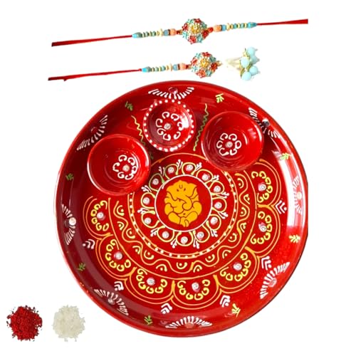 DMS RETAIL Designer Flower Design Rakhi Couple Rakhi For Bhaiya Bhabhi Set Of 1 With Meenakari Designer Pooja Thali With Greeting Card And Roli Tilak