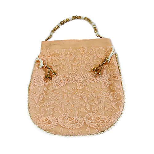 DMS RETAIL Lucknowi Ethnic Potli Zari Work Handicraft Designer Traditional Rajasthani Royal Style Bridal Potli Bag Women (Peach)