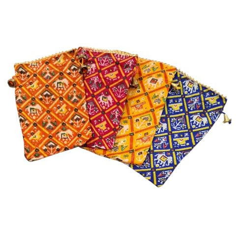 6 x 8 Inches : Satin Patola Print Pouch for Festival & Wedding Gifting , Shagun/Sagan Return Gift, Dry Fruits,Nariyal Gifting Potli, Big Size (Pack Of 4)