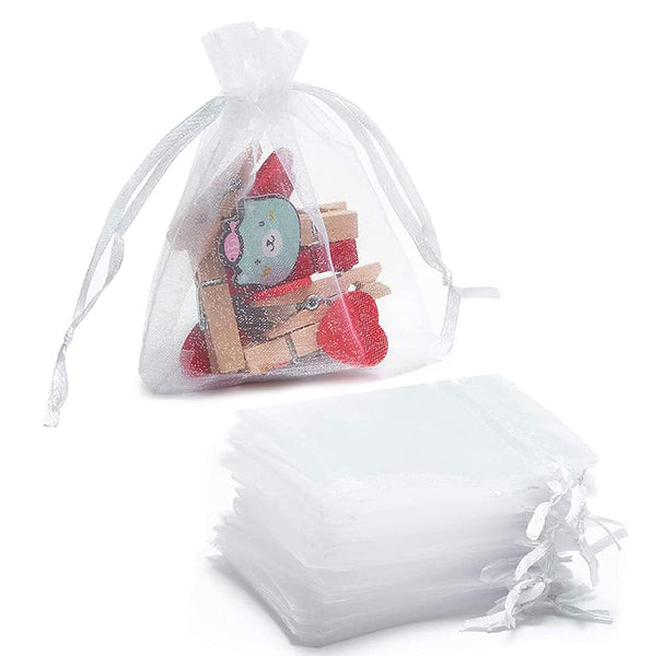 DMS RETAIL White Plain Organza Return Gift Bags|Drawstring Pouches For Wedding Plain Organza Bag Plain Pouches Sheer Net Tissue Poltis Pack Of 50 PCS (17X23 CMS)