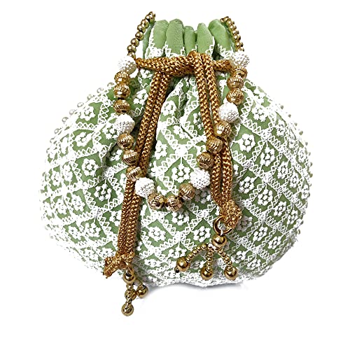 DMS RETAIL Lucknowi Embroidered Potli Bags| Potli Bags for Ladies for Wedding with Pearl Drawstring Pack of 6 Multi