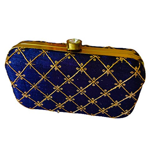 DMS RETAIL Hand Emroidered Box Clutch With Detachable Sling For Party Evening Clutch (Navy Blue)