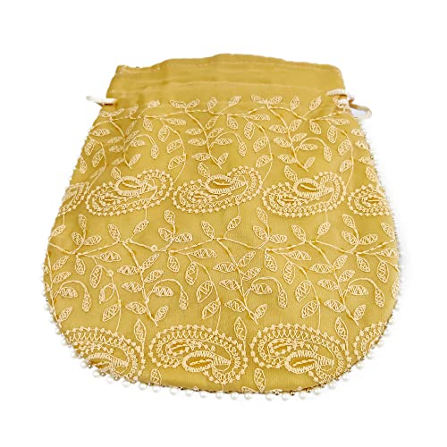 DMS RETAIL Lucknowi Ethnic Potli Zari Work Handicraft Designer Traditional Rajasthani Royal Style Bridal Potli Bag Women (Yellow)